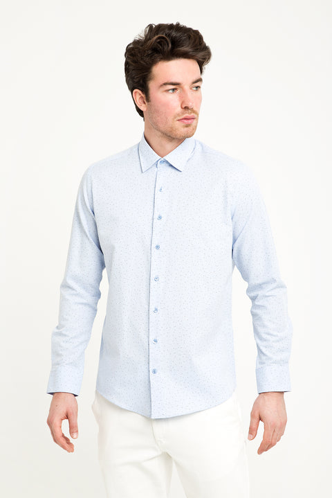 Açık Mavi Uzun Kol Slim Fit Dar Kesim Baskılı Pamuk Gömlek