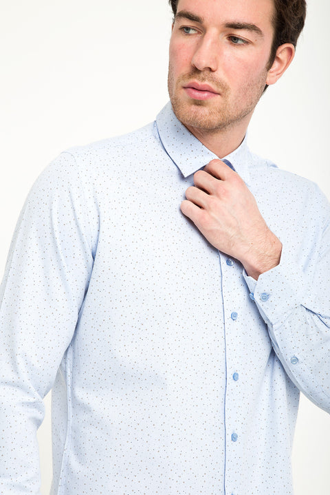 Açık Mavi Uzun Kol Slim Fit Dar Kesim Baskılı Pamuk Gömlek