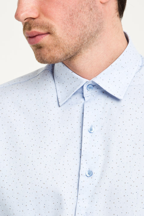 Açık Mavi Uzun Kol Slim Fit Dar Kesim Baskılı Pamuk Gömlek