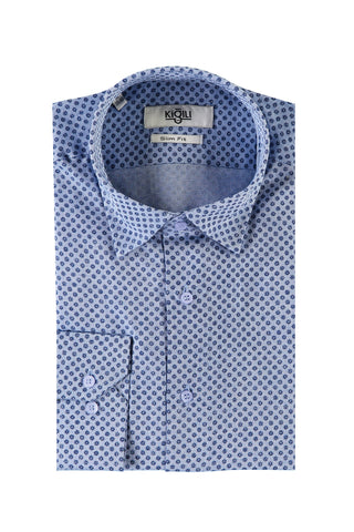  Havacı Mavi Uzun Kol Slim Fit Dar Kesim Baskılı Pamuk Gömlek
