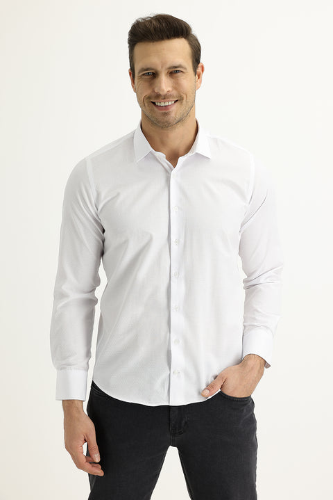 Beyaz Uzun Kol Slim Fit Dar Kesim Desenli Gömlek