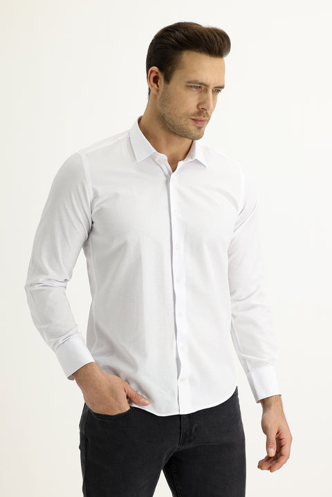 Beyaz Uzun Kol Slim Fit Dar Kesim Desenli Gömlek