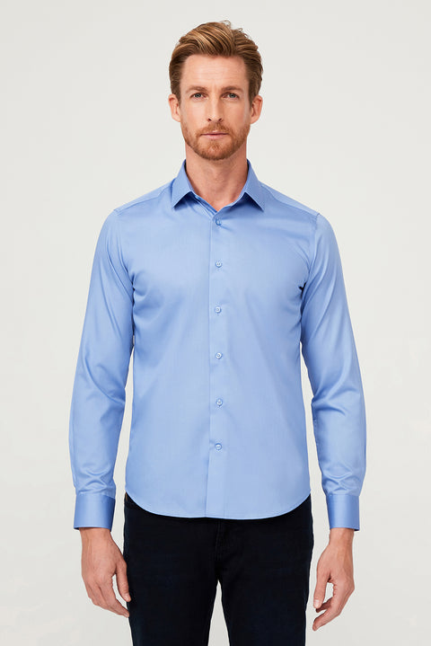 Aqua Mavisi Uzun Kol Slim Fit Dar Kesim Non Iron Saten Klasik Pamuklu Gömlek