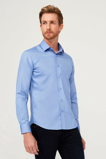  Aqua Mavisi Uzun Kol Slim Fit Dar Kesim Non Iron Saten Klasik Pamuklu Gömlek
