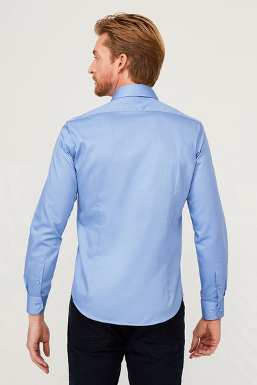  Aqua Mavisi Uzun Kol Slim Fit Dar Kesim Non Iron Saten Klasik Pamuklu Gömlek