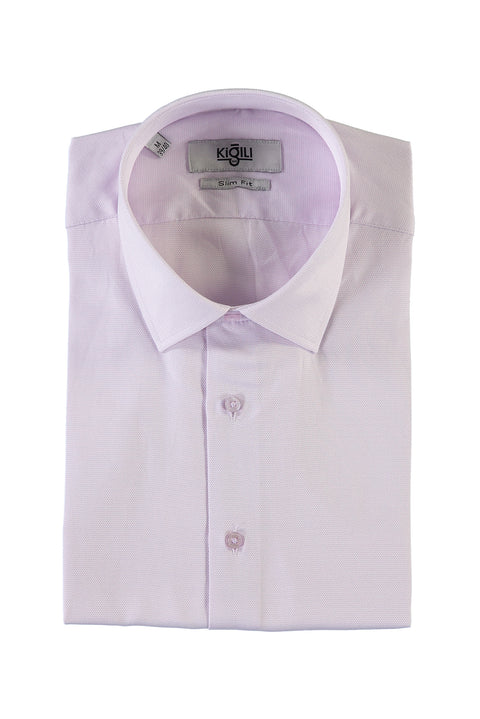 Lila Kısa Kol Slim Fit Dar Kesim Desenli Gömlek