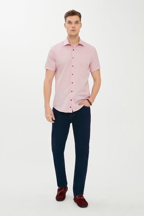 Koyu Kırmızı Kısa Kol Slim Fit Dar Kesim Desenli Gömlek