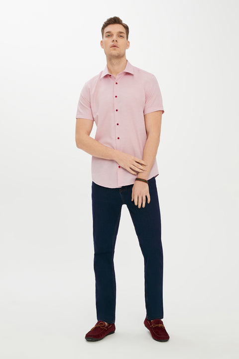 Koyu Kırmızı Kısa Kol Slim Fit Dar Kesim Desenli Gömlek