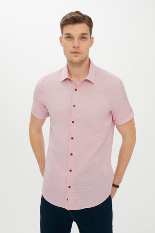  Koyu Kırmızı Kısa Kol Slim Fit Dar Kesim Gömlek