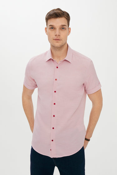  Koyu Kırmızı Kısa Kol Slim Fit Dar Kesim Desenli Gömlek