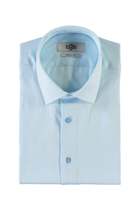 Açık Turkuaz Kısa Kol Slim Fit Dar Kesim Desenli Gömlek