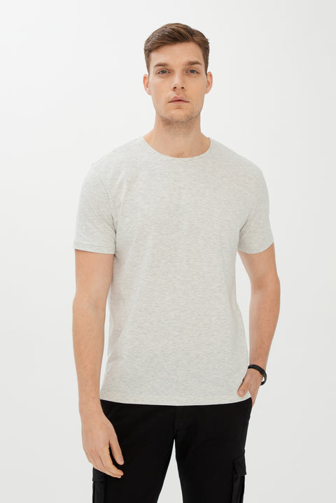 Açık Gri Melanj Bisiklet Yaka Slim Fit Dar Kesim Tişört