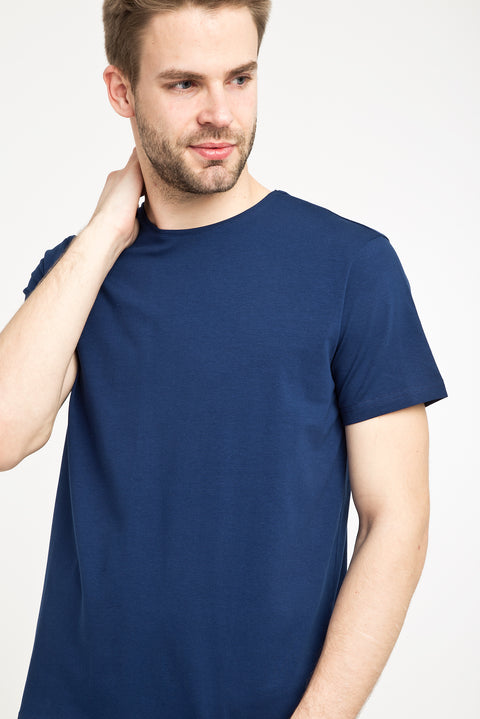 Orta Lacivert Bisiklet Yaka Düz Slim Fit Dar Kesim Tişört