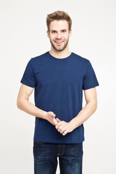 Orta Lacivert Bisiklet Yaka Düz Slim Fit Dar Kesim Tişört