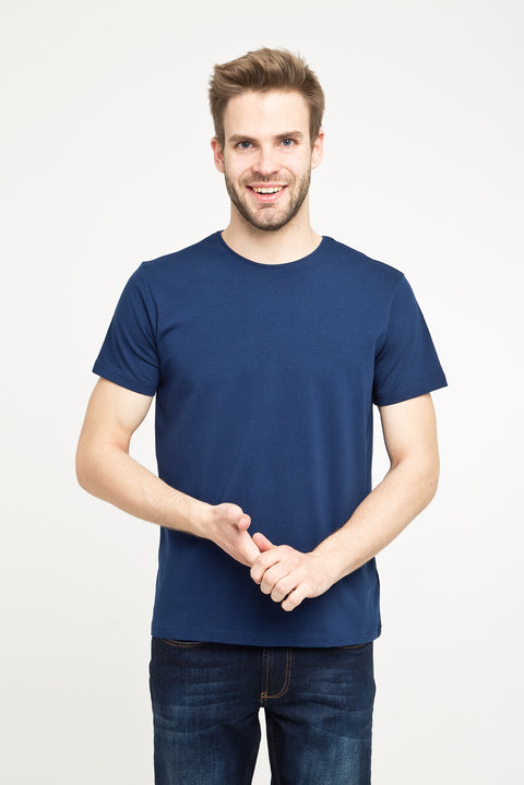 Orta Lacivert Bisiklet Yaka Düz Slim Fit Dar Kesim Tişört