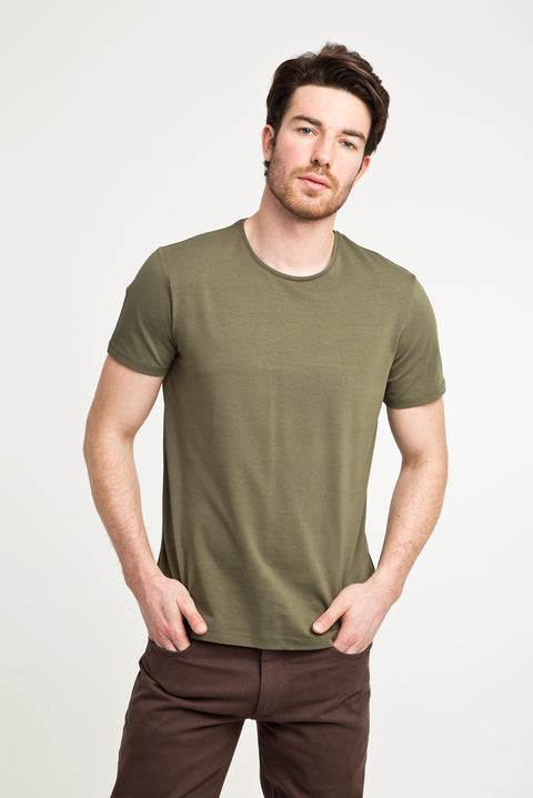 Orta Haki Bisiklet Yaka Düz Slim Fit Dar Kesim Tişört