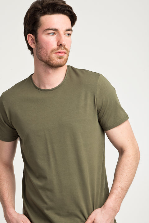 Orta Haki Bisiklet Yaka Düz Slim Fit Dar Kesim Tişört