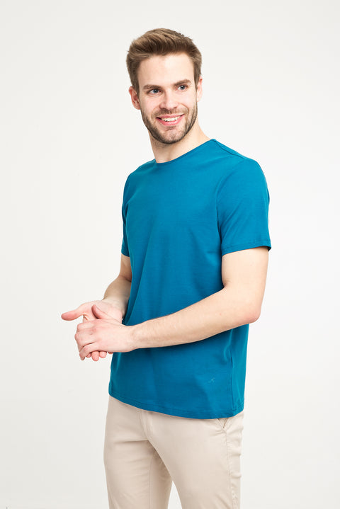 Petrol Yeşili Bisiklet Yaka Düz Slim Fit Dar Kesim Tişört