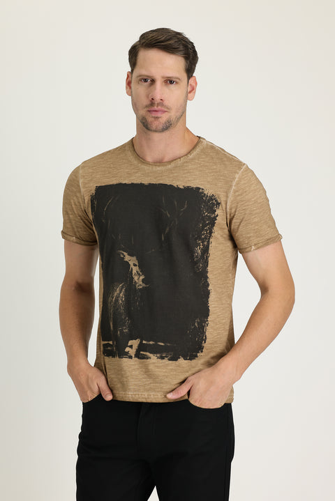 Orta Vizon Bisiklet Yaka Slim Fit Dar Kesim Baskılı Pamuk Tişört