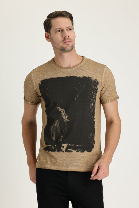 Orta Vizon Bisiklet Yaka Slim Fit Dar Kesim Baskılı Pamuk Tişört