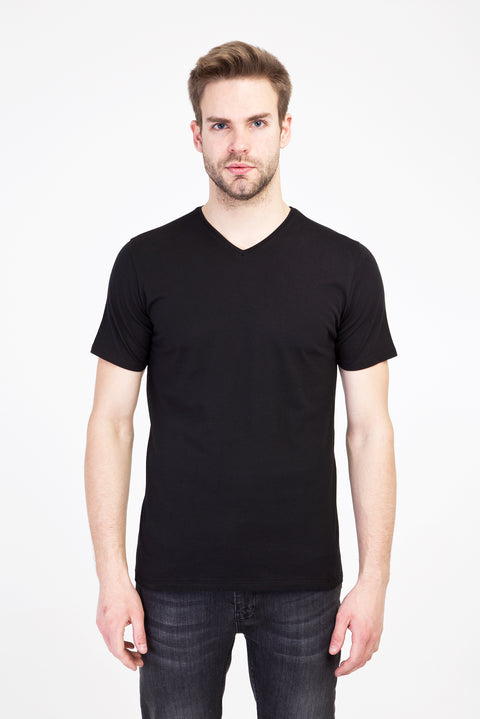 Siyah V Yaka Slim Fit Dar Kesim Pamuk Tişört