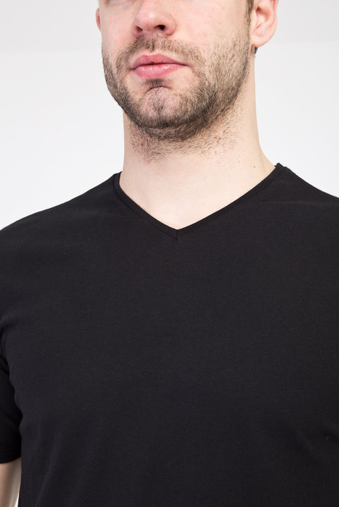 Siyah V Yaka Slim Fit Dar Kesim Pamuk Tişört