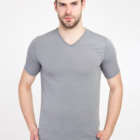 Açık Gri V Yaka Slim Fit Dar Kesim Pamuk Tişört