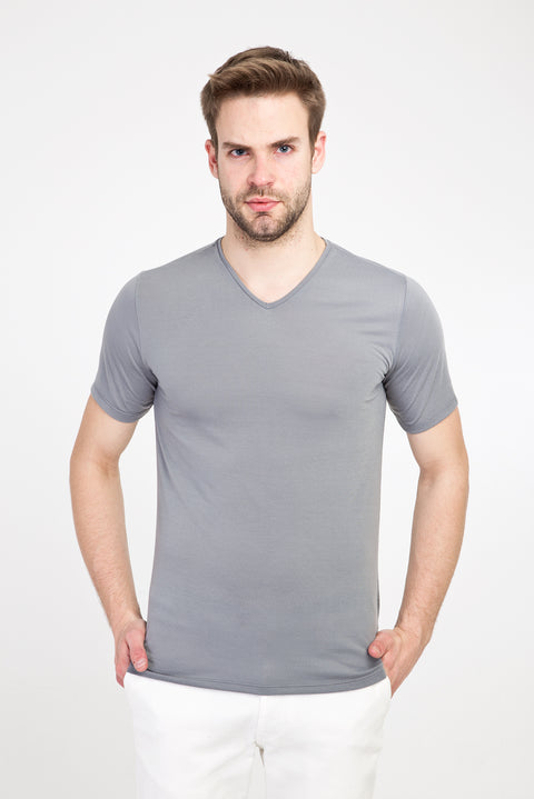 Açık Gri V Yaka Slim Fit Dar Kesim Pamuk Tişört