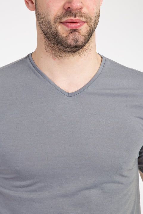 Açık Gri V Yaka Slim Fit Dar Kesim Pamuk Tişört