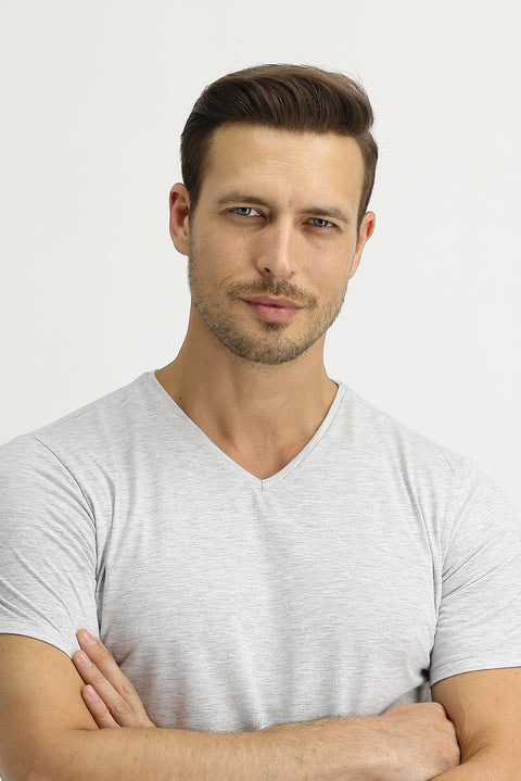 Açık Gri Melanj V Yaka Slim Fit Dar Kesim Pamuk Tişört