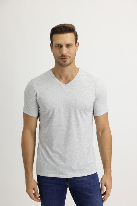 Açık Gri Melanj V Yaka Slim Fit Dar Kesim Pamuk Tişört