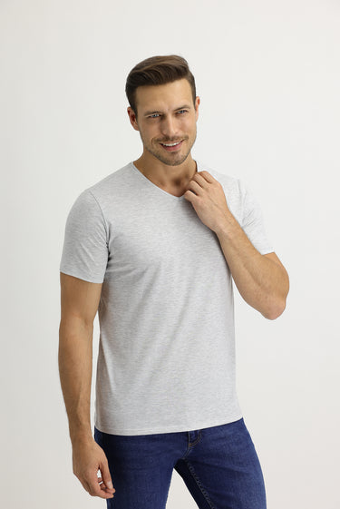 Açık Gri Melanj V Yaka Slim Fit Dar Kesim Pamuk Tişört