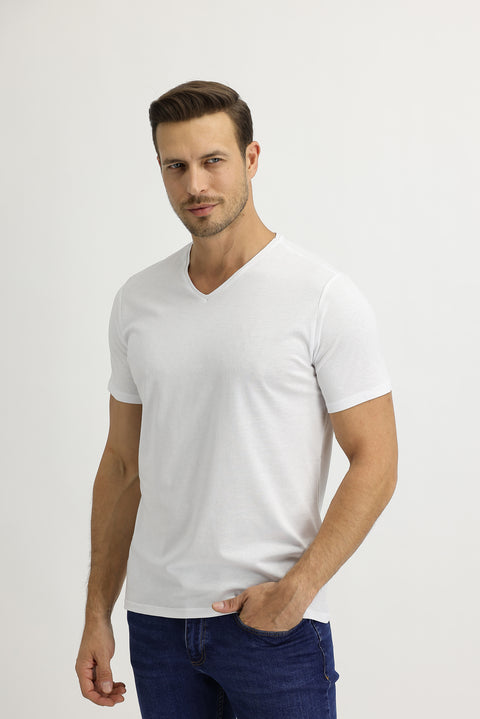 Beyaz V Yaka Slim Fit Dar Kesim Pamuk Tişört