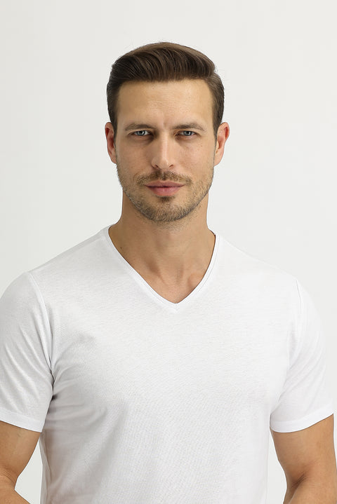 Beyaz V Yaka Slim Fit Dar Kesim Pamuk Tişört