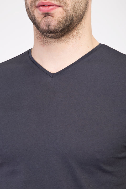 Koyu Antrasit V Yaka Slim Fit Dar Kesim Pamuk Tişört