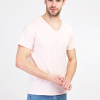 Toz Pembe V Yaka Slim Fit Dar Kesim Pamuk Tişört