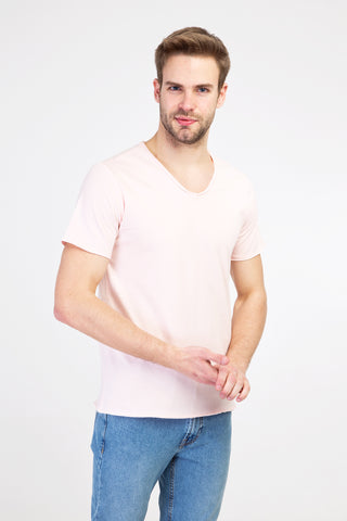  Toz Pembe V Yaka Slim Fit Dar Kesim Pamuk Tişört