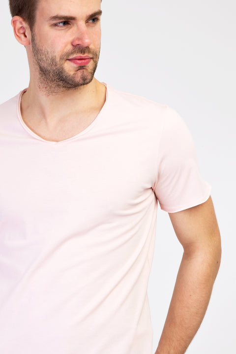 Toz Pembe V Yaka Slim Fit Dar Kesim Pamuk Tişört