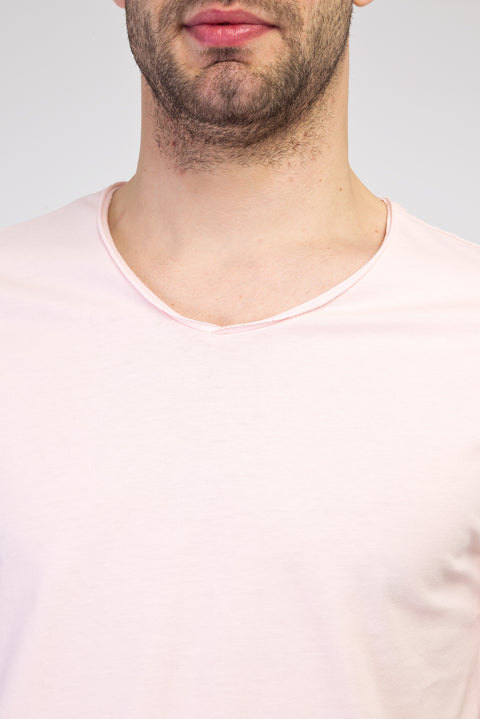 Toz Pembe V Yaka Slim Fit Dar Kesim Pamuk Tişört