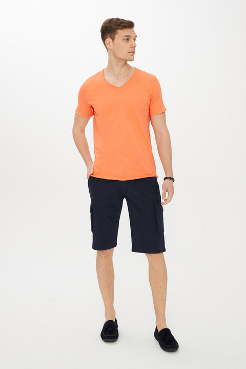 Açık Turuncu V Yaka Slim Fit Dar Kesim Pamuk Tişört