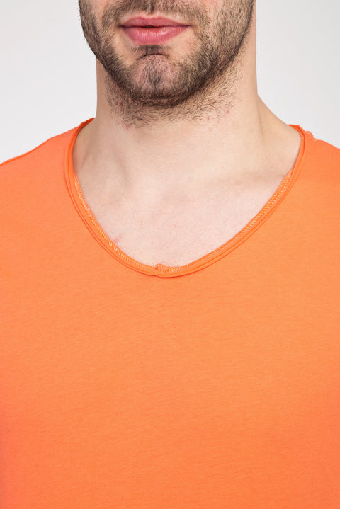 Açık Turuncu V Yaka Slim Fit Dar Kesim Pamuk Tişört