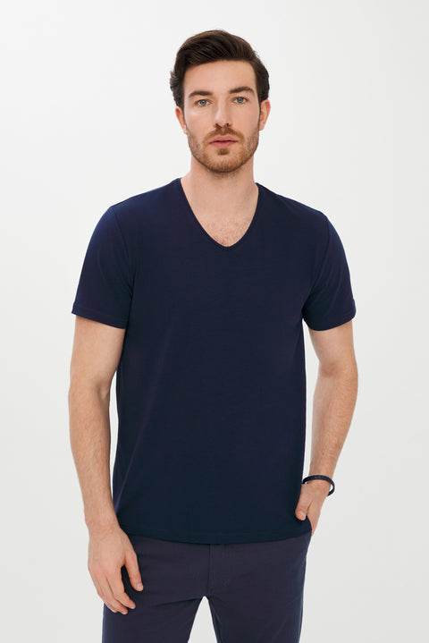 Koyu Lacivert V Yaka Slim Fit Dar Kesim Tişört