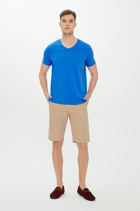 Kobalt Mavi V Yaka Slim Fit Dar Kesim Tişört