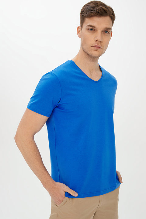 Kobalt Mavi V Yaka Slim Fit Dar Kesim Tişört