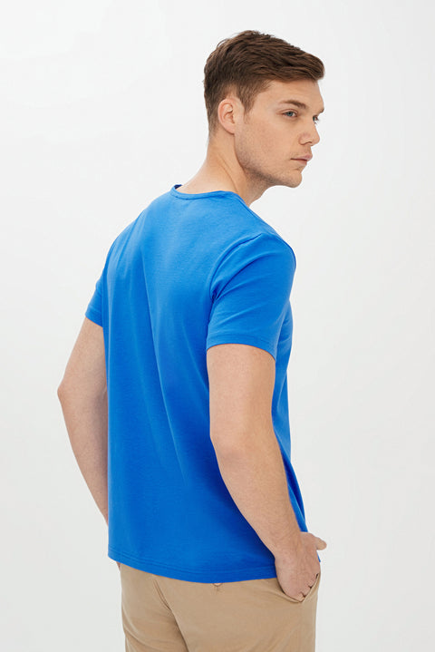 Kobalt Mavi V Yaka Slim Fit Dar Kesim Tişört