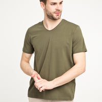 Orta Haki V Yaka Slim Fit Dar Kesim Tişört