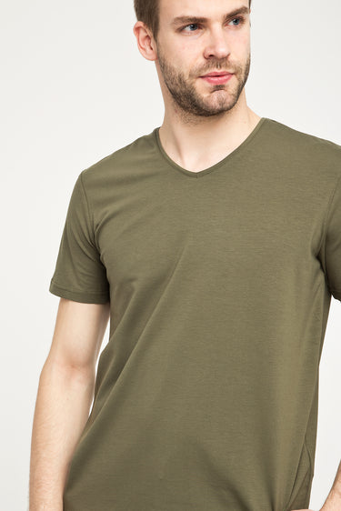 Orta Haki V Yaka Slim Fit Dar Kesim Tişört