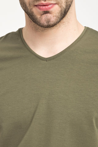  Orta Haki V Yaka Slim Fit Dar Kesim Tişört