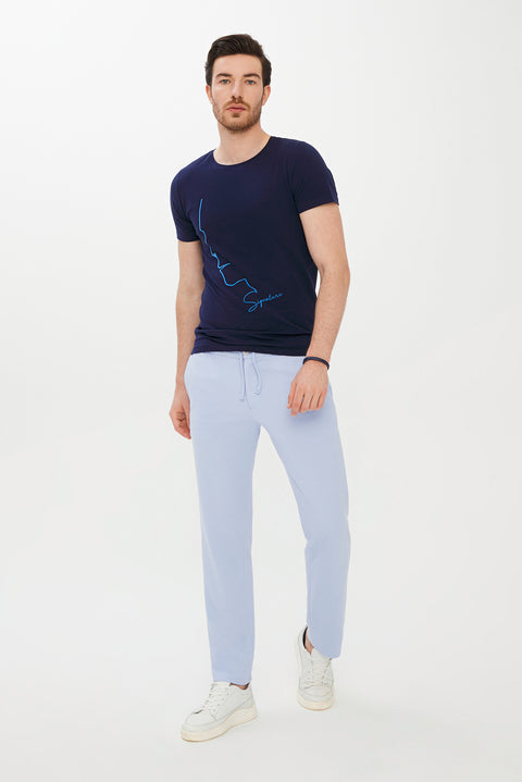 Koyu Lacivert Bisiklet Yaka Super Slim Fit Ekstra Dar Kesim Baskılı Tişört