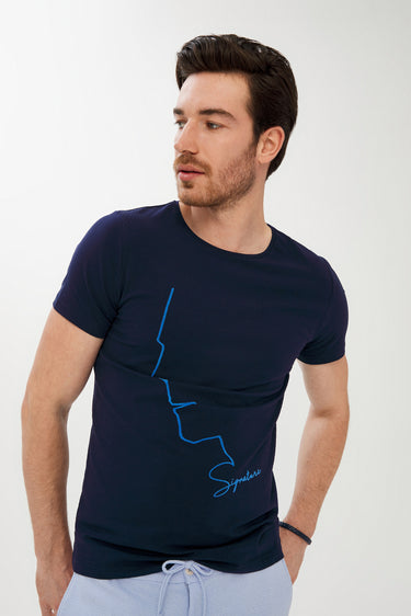 Koyu Lacivert Bisiklet Yaka Super Slim Fit Ekstra Dar Kesim Baskılı Tişört